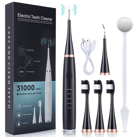 Plaque Remover for Teeth, Electric Tooth Cleaner Tartar Remover for Teeth with LED Light, 5 Modes Rechargeable Teeth Cleaning Kit with Dental Tools, 3 Replaceable Heads,Black