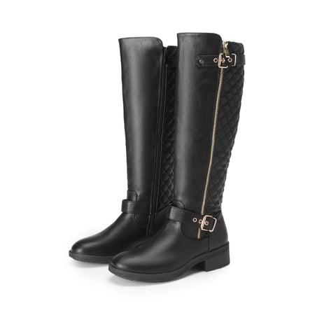 DREAM PAIRS Women Wide Calf Low Heel Knee High Ladies Side Zip Motorcycle Riding Boots Shoes Black Size 6.5