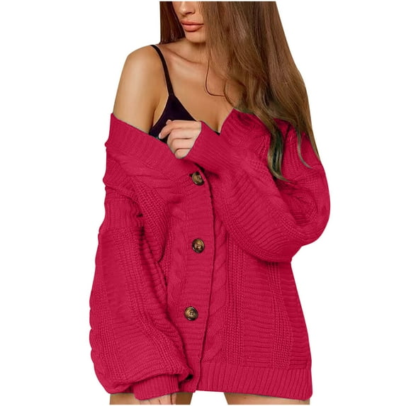 Women's Long Sleeve Cable Knit Sweater Open Front Cardigan Button Loose Knitwear Sweater Outerwear Coat for Women