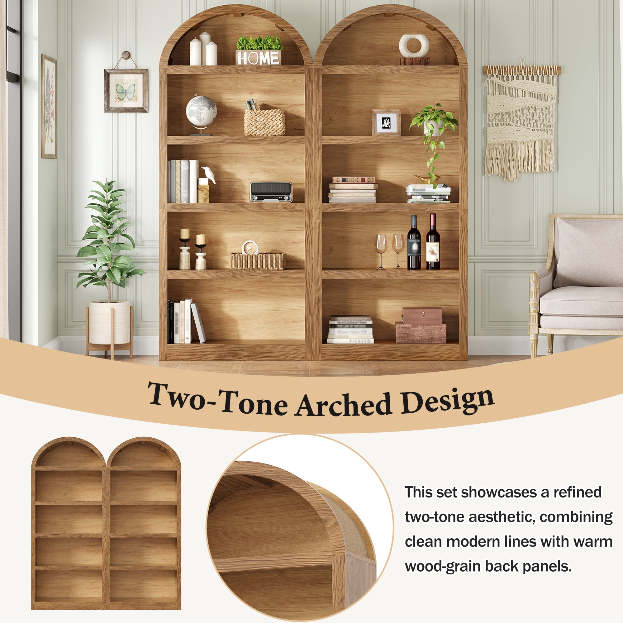 Homy Casa 69" Tall Arched Bookcase Set of 2, Wood Grain 4-Shelf Display Bookshelves, Natural