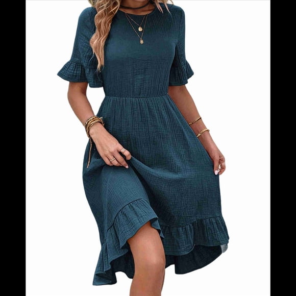 Vestidos de Mujer de Corta, Cintura Alta, Cuello Redondo, Liso, con Volantes, Azul y Verde, Talla M