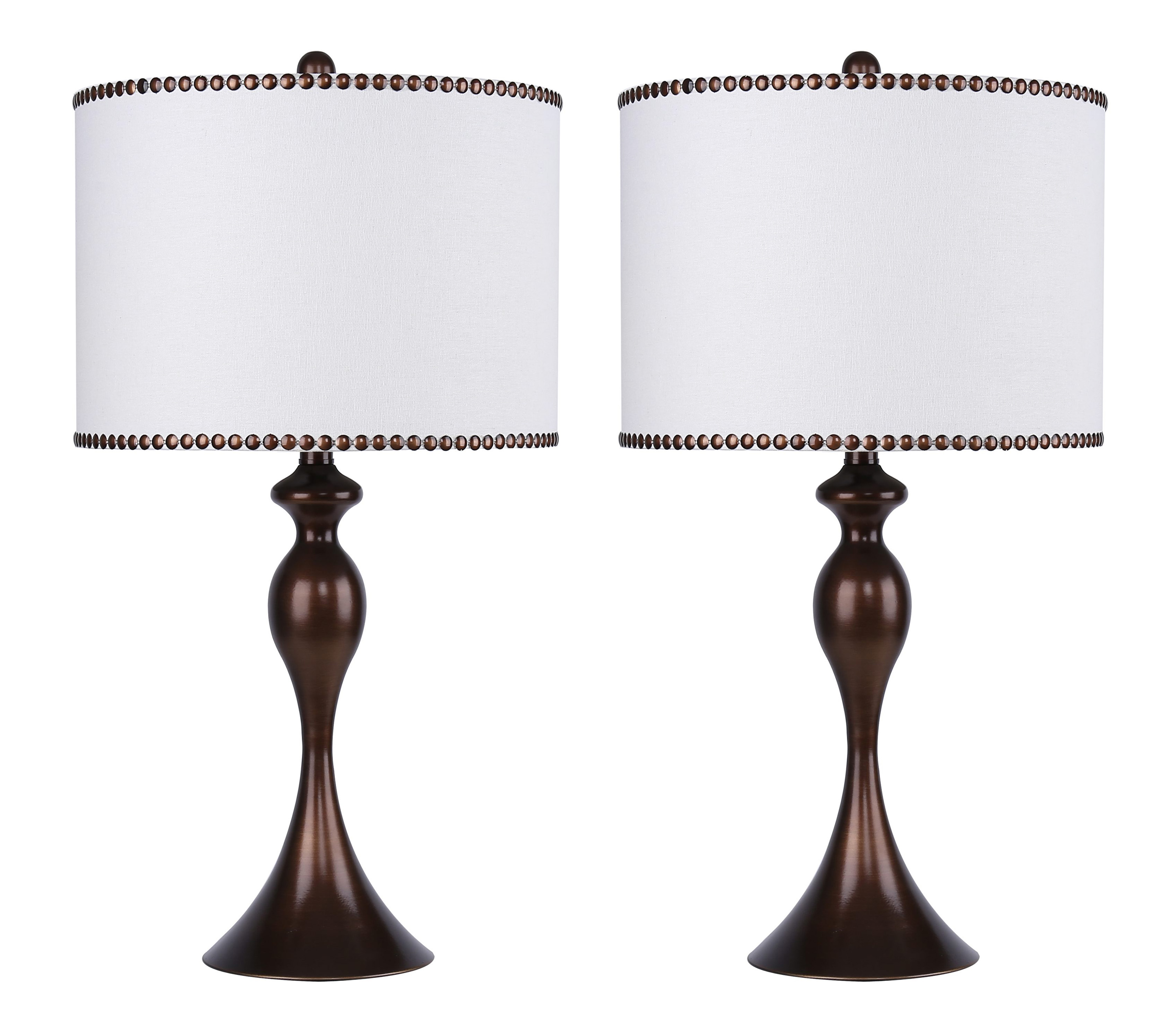 27" Dark Bronze Table Lamp Set w/ OffWhite Linen Drum Shades