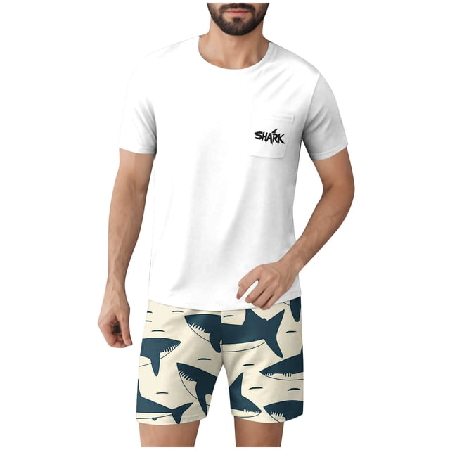 2 Pcs Ensembles de Pyjamas pour Hommes Ultra Doux Texturés Tenues Athlétiques Extensibles Col Rond Chemises à Manches Courtes Extensibles Séchage Rapide Vêtements de Détente Shorts Ensembles d'Été Hommes 2 Pcs Chemise de Nuit
