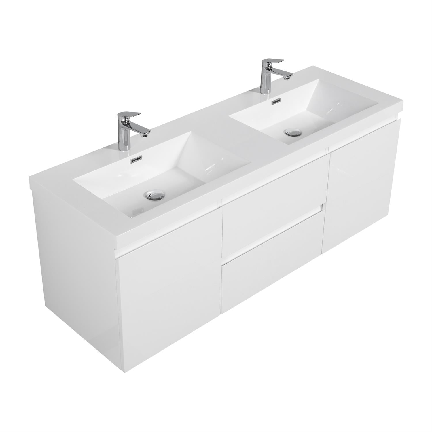 Demi Bonn 60" Floating Bathroom Vanity with Sink, Double Resin Top Basin and 2 Soft Close Drawers, 2 Storage Cabinet, Faucets and Drains Not Included, White