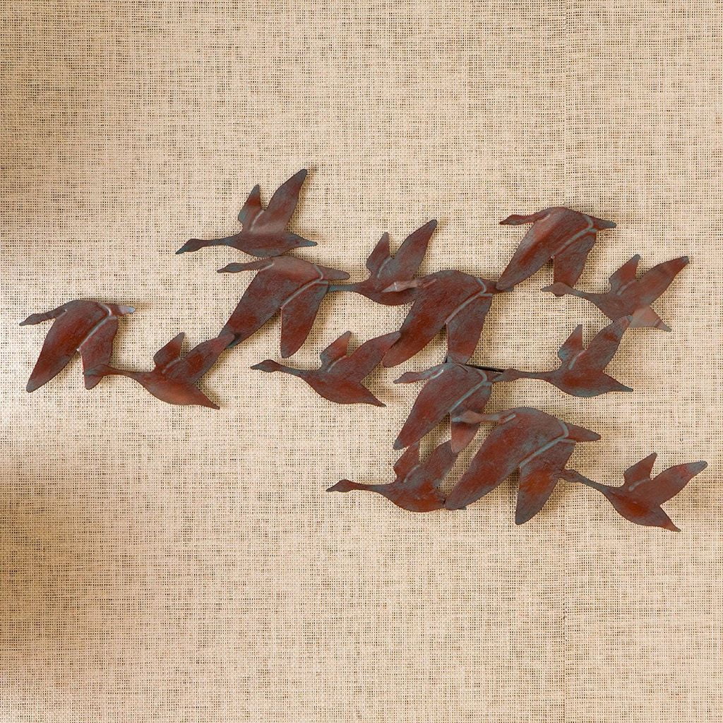 Copper Finish Rustic Flock of Geese Wall Sculpture Flying Birds 3-D Metal Art 