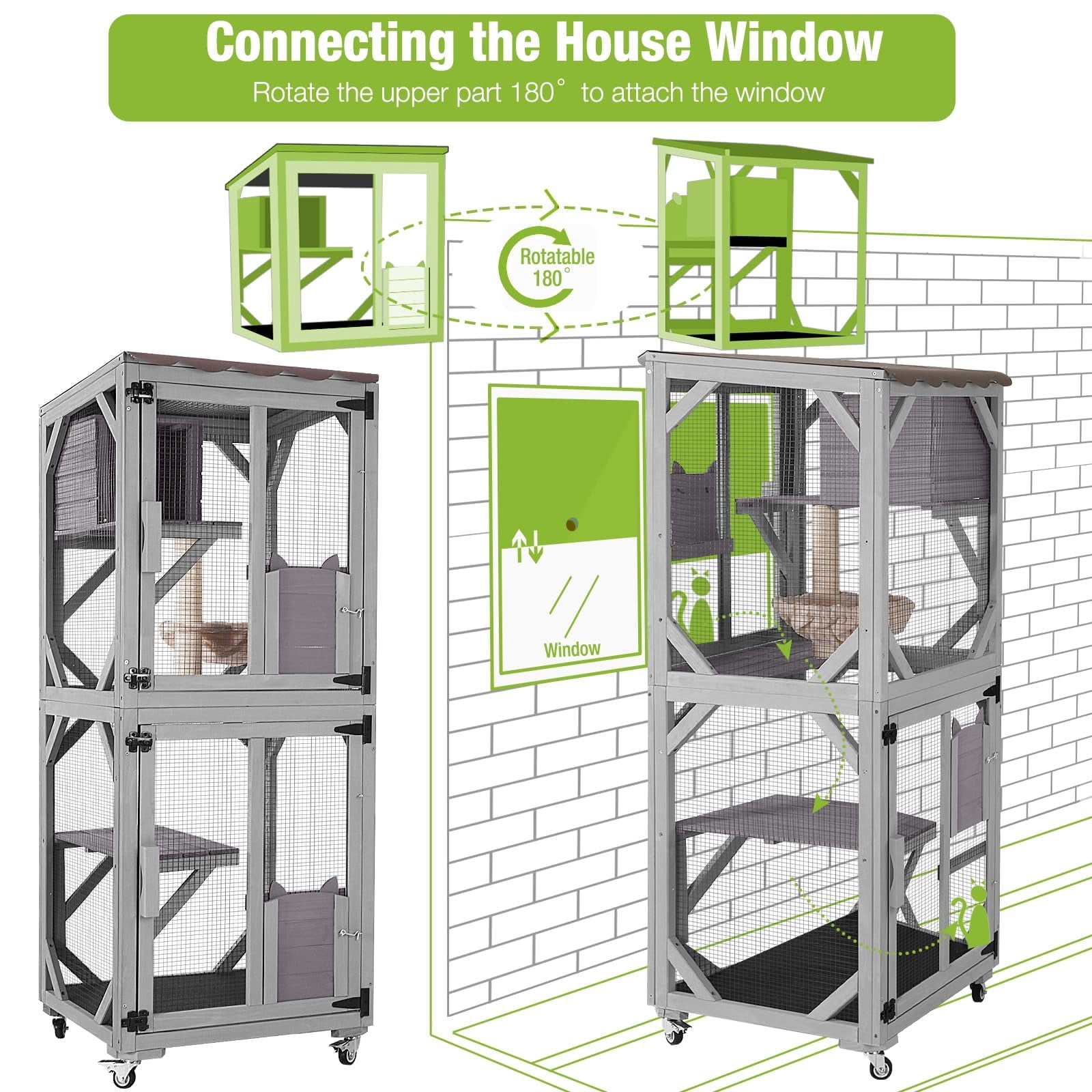 MEDEHOO Catio Outdoor Cat Enclosure on Wheels, Outdoor Cat House with Resting Box, PVC Layer, Waterproof Roof, 62.5"