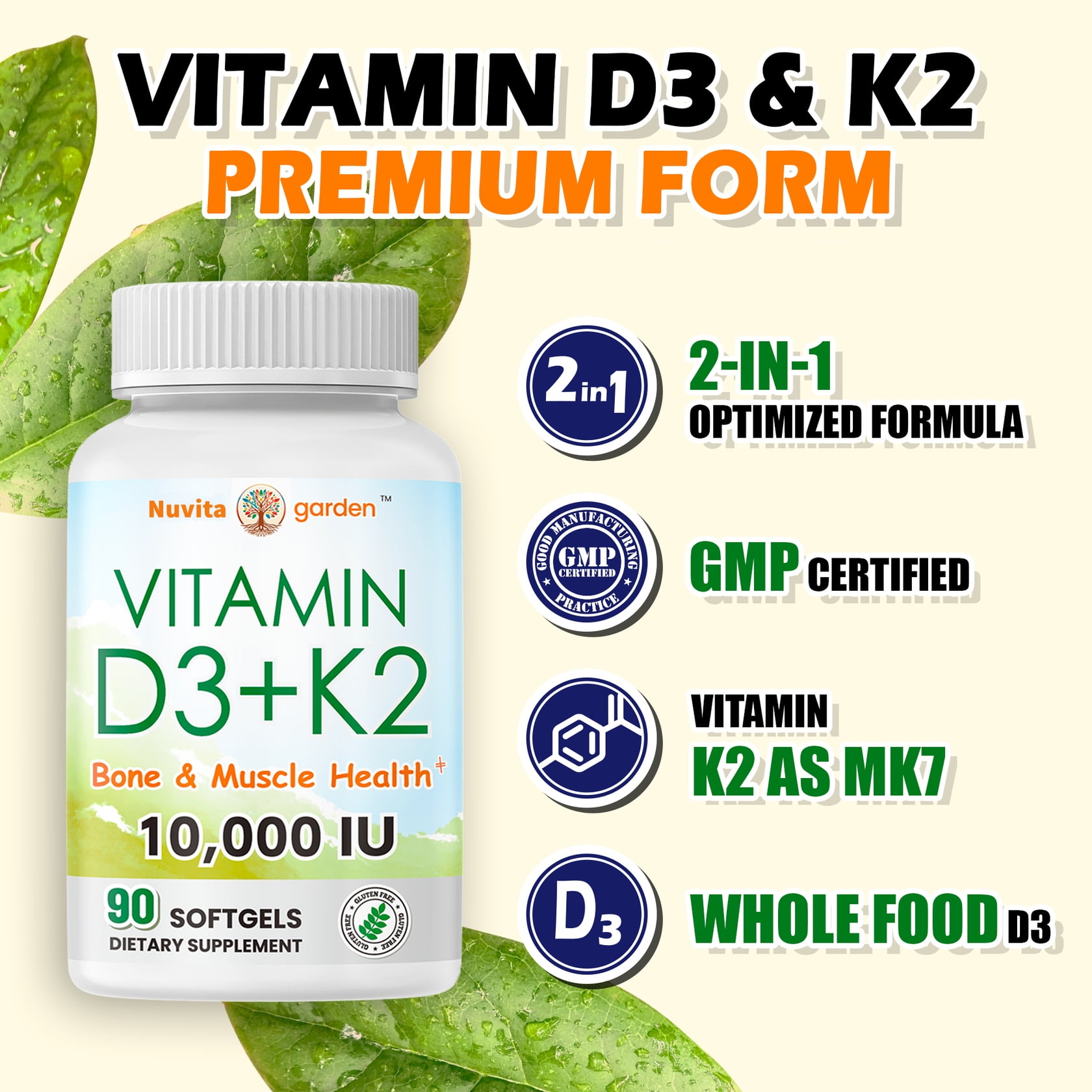 (3 PACK) Vitamin D3 K2 Supplement - 1000 IU Vitamin D3 and K2 200mcg - Bone & Heart Health for Adults - Vegetarian, Gluten Free
