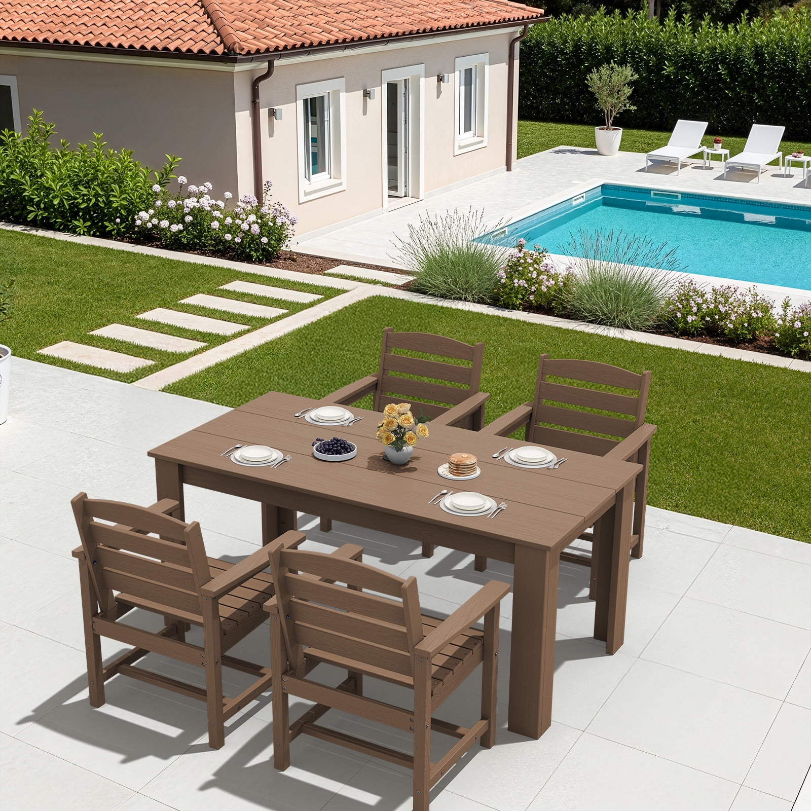 SERWALL 10-Piece Outdoor Dining Set, 2 Rectangle 59" Dining Tables with Umbrella Holes and 8 Patio Dining Chairs with Umbrella Hole for Garden, Deck, Poolside, Brown