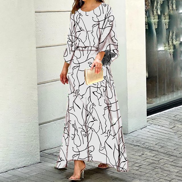 Ensembles pour Femmes Liquidation Grande Taille Tendance Femmes Décontracté Imprimé Manches Longues Col Rond Hauts Ensembles de Robes Longues Blanc TG