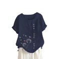 thumbnail image 5 of Wiueurtly Short Sleeve Tops for Women Boho Floral Print Cotton Linen Shirts Summer Tunic Button Crewneck Blouses Cotton And Linen Crew Neck T Shirts Navy, 5 of 7