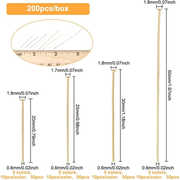 200Pcs Real Gold Plated Brass 23 Gauge Flat Head Pins - Mixed Color Satin T-Pins for Jewelry Making