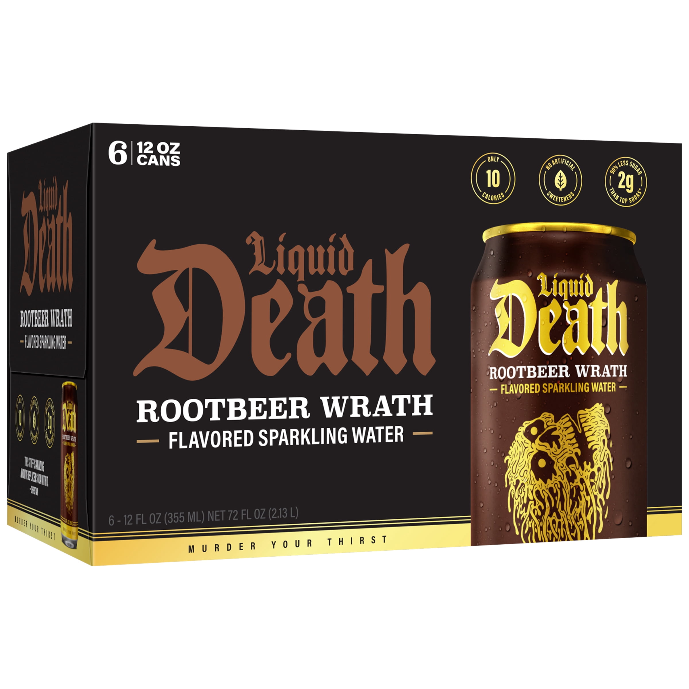 Liquid Death, Rootbeer Wrath, Soda-Flavored Sparkling Water, 6-Pack (12 fl oz Cans), Low Sugar, Huge Flavor and No Artificial Sweeteners