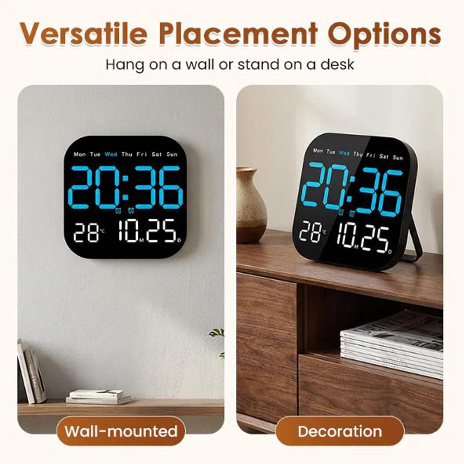 Multifunctional Digital Alarm Clock for Home & Office, Large LED Display with Remote, Hidden Desk Stand, Dimmable Wall Mount Calendar, Temp & Timer