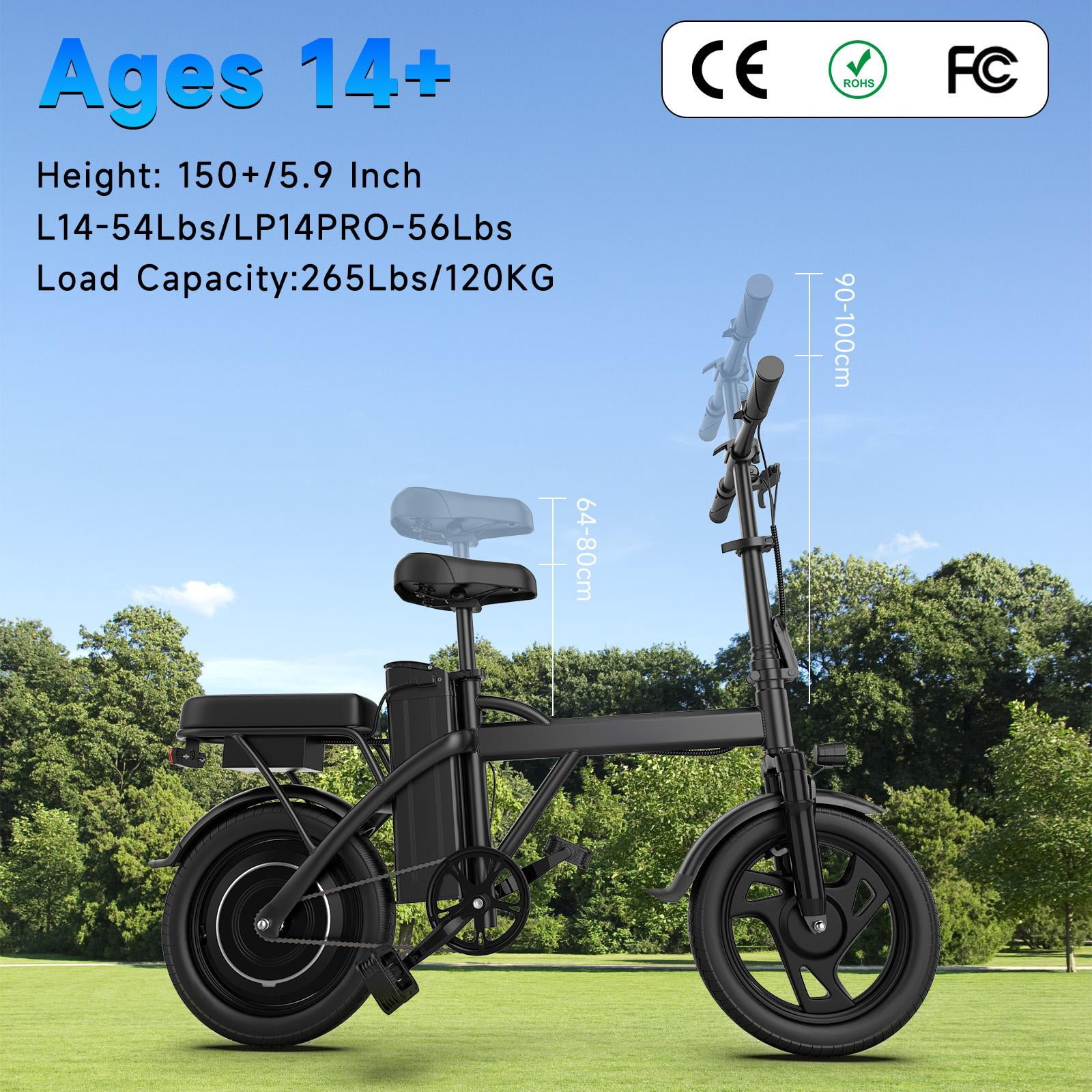 Electric Bike Black 500W 48V, 14' Mini Ebike for City Commuter, 20MPH Class 2 Folding Electric Bicycle for Adult with Two Seats UL2849