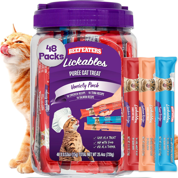 Beefeaters Wet Cat Treats Lickable 48ct Puree Variety Pack - Salmon Tuna Chicken for Hydration & Training, Grain Free Taurine Enriched High Moisture, Lickable Cat Treats & Everyday Treating