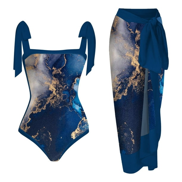 MKLEKYY Trajes De Baño Mujer Completo Women 1 Piece Swimwear+1 Piece Cover Up Two Piece Vintage Print Swimsuit Monokini Bikini 2 Piece Swimsuits Two Piece Tankini Set 759