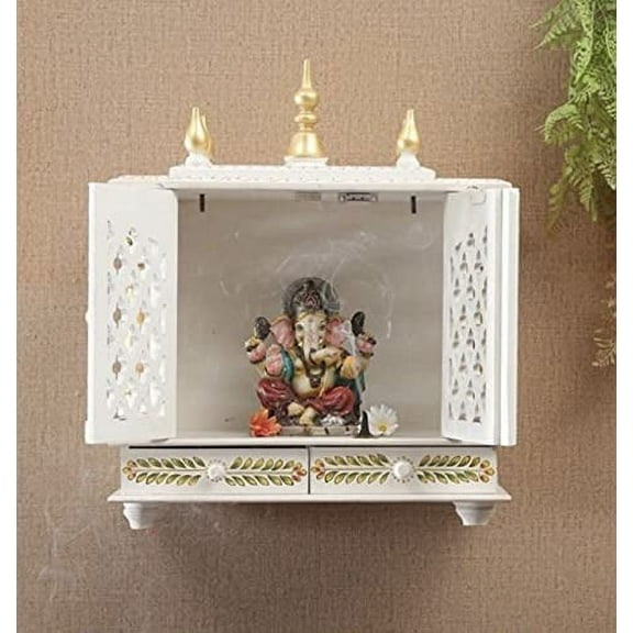 TAM Creatio Small Wooden Pooja Mandir Indian Hindu Decoration Puja Cabinet Temple Bhagwan Stand Mandapam Wall Hanging Decor for Home in USA (White, Small-18X9X21)