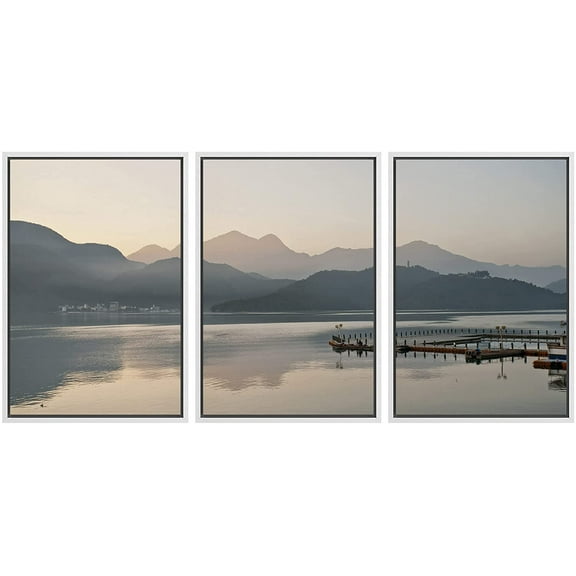 wall26 - 3 Piece Framed Canvas Wall Art - Taiwan Landmark Sun Moon Lake Beautiful Scenery - Modern Home Art Stretched and Framed Ready to Hang - 16"x24"x3 WHITE