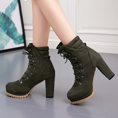 

LnjYIGJ Women s High-Heels Mid Calf Boots Autumn Winter Women Thick Heel High-heel Lace-up Ankle Boots