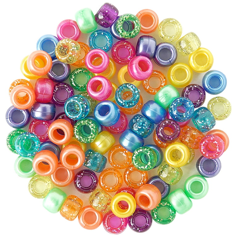 Fun Glitter Mix Craft Pony Beads 6 x 9mm Assorted Colors, Made in