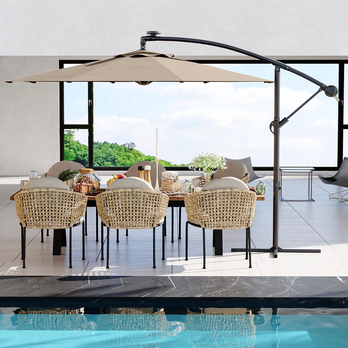 Danolapsi 10FT Offset Patio Umbrella, Hanging Cantilever Umbrella with 360 Rotating Base Outdoor Sun Shade with Easy Tilt Adjustment, 8 Ribs, UV Protection for Backyard, Lawn, Garden and Pool