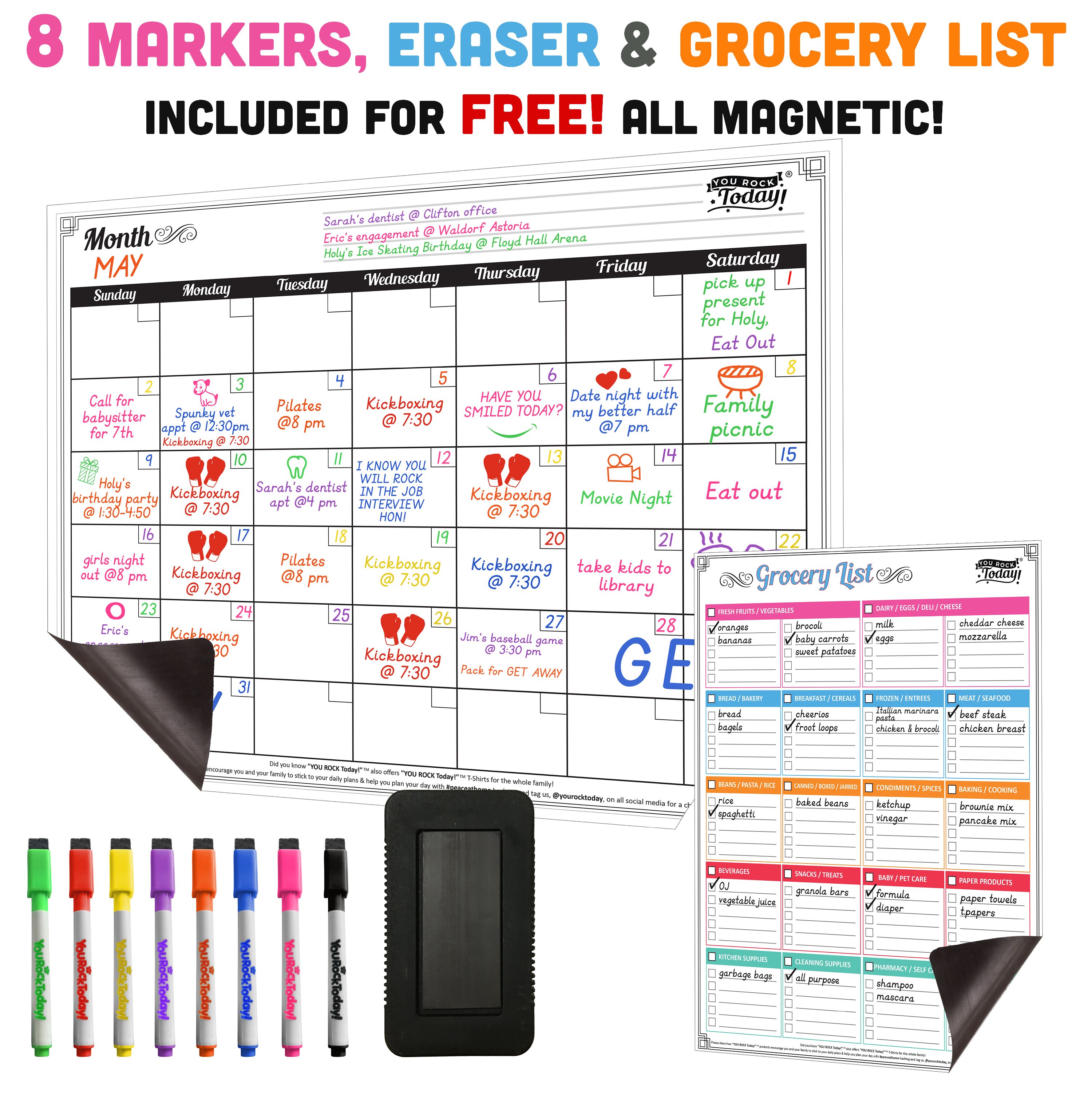 Dry Erase Magnetic Monthly Calendar 17” x 13” and Grocery List – Strong Magnet Backing + 8 Free Fine Tip Magnetic Markers & Large Eraser – Whiteboard Planner Fridge Calendar for Home, Office & School… - image 1 of 9