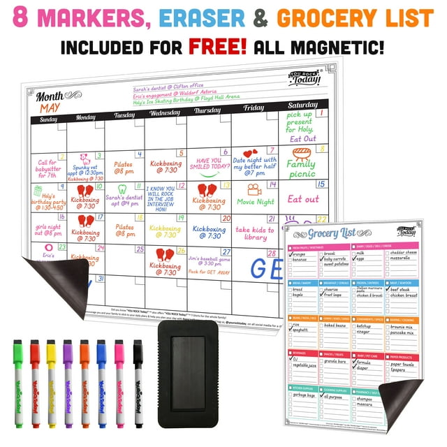 Dry Erase Magnetic Monthly Calendar 17” x 13” and Grocery List – Strong Magnet Backing + 8 Free Fine Tip Magnetic Markers & Large Eraser – Whiteboard Planner Fridge Calendar for Home, Office & School…