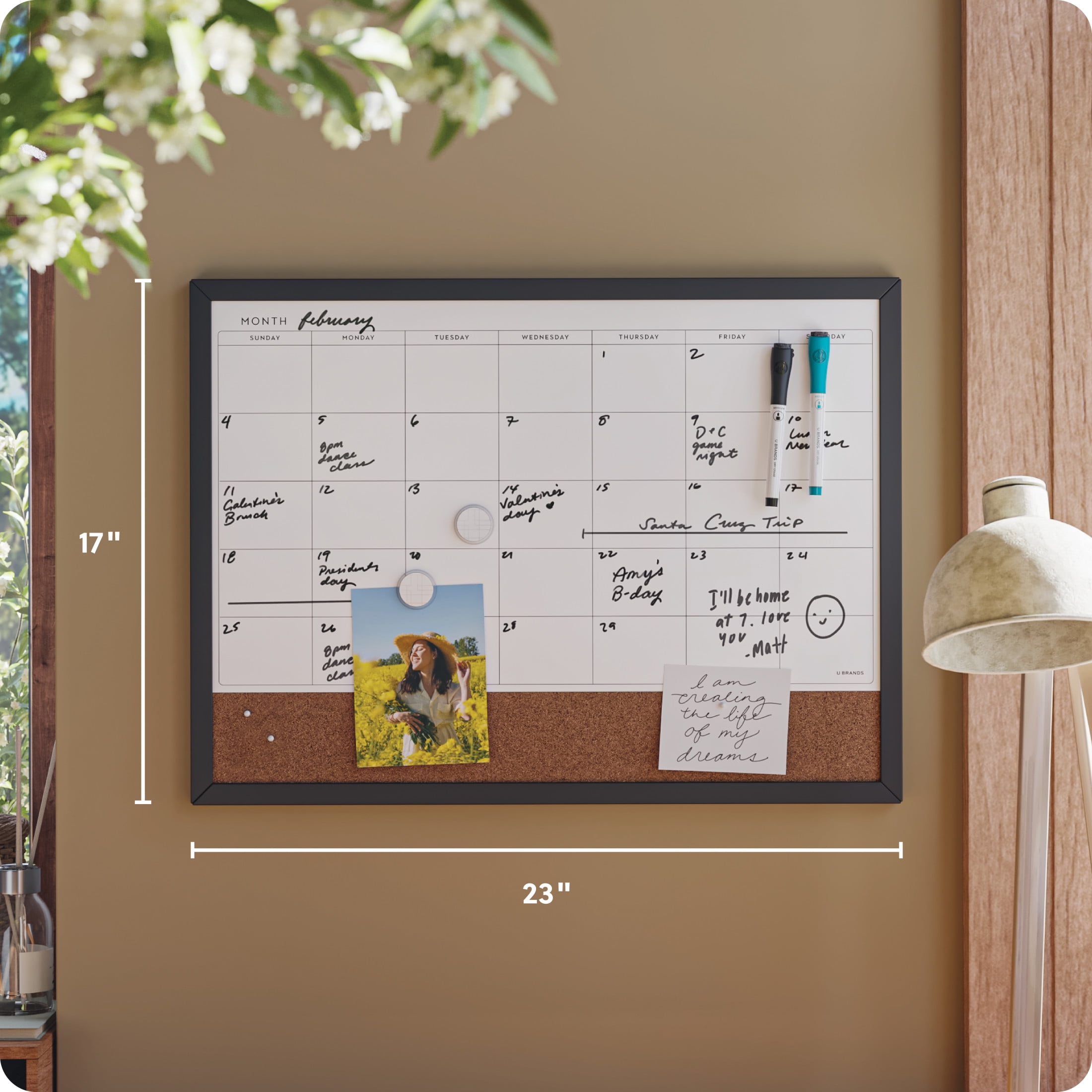 U Brands 23 x 17-inch Magnetic Dry Erase Calendar Board with Black Wood Frame