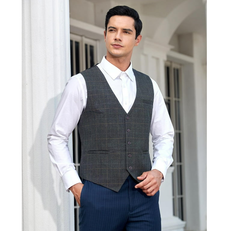 HISDERN Men's Dark Blue Gilet Formeel Bruiloft Gilets Effen Kleur Classic Zakelijk Feest Tuxedo Suit Vest met Stijlvolle Zakken Regular Fit S