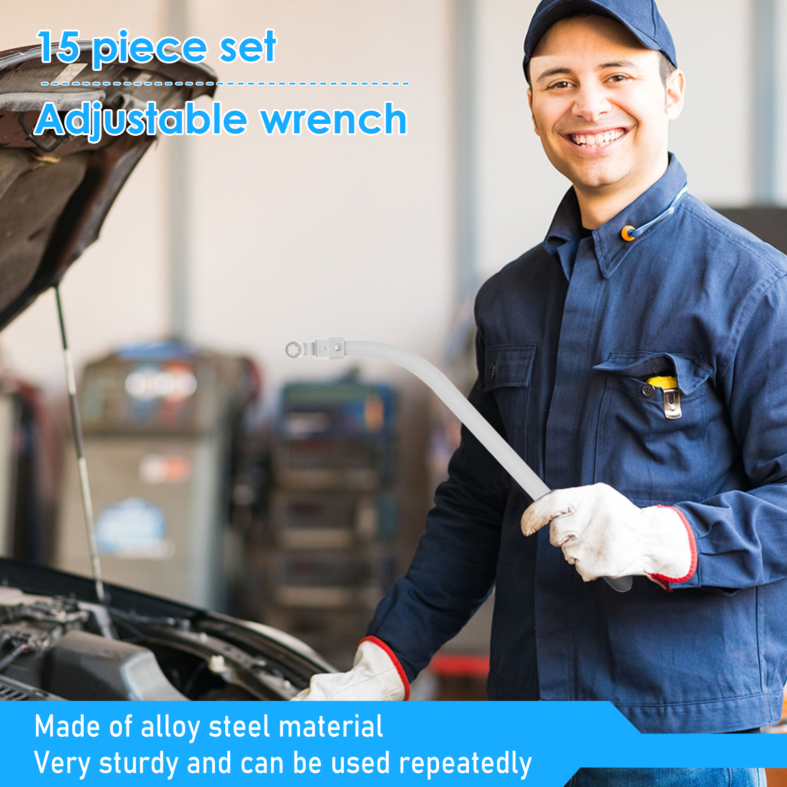 15Pcs Universal Auxiliary Idler Adjustment Wrench with Hex and Dodecagonal Adapters Kit (0.47"-0.74") Serpentine Belt Tension Pulley Wrench Set for Mechanical Repairs