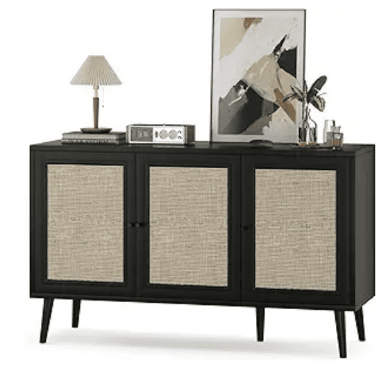 MAYEERTY Black 47*15*28"Rattan-Fronted Sideboard Cabinet with 3 Doors for Dining Room & Entryway Storage