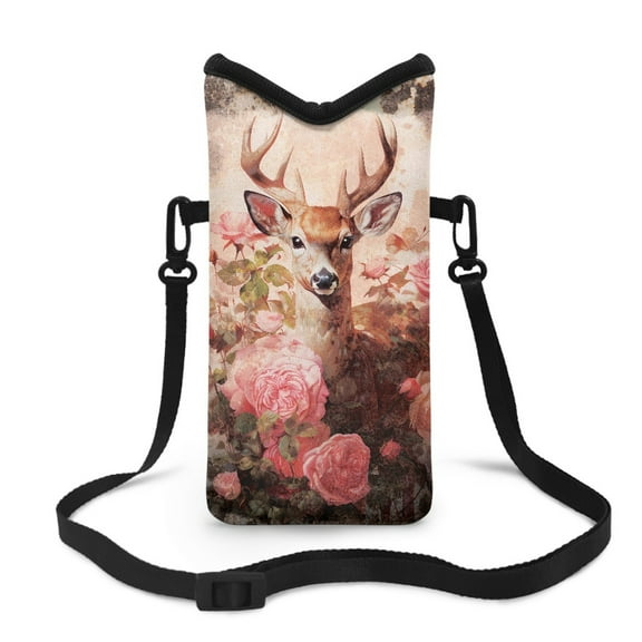 SEANATIVE Small Phone Bag Water-Resistant Crossbody Pouch with Adjustable Strap Mini Cell Phone Case Satchel Fits Most Smartphones for Men Women, 8 x 4 inch, Deer Rose Flowers Pink