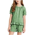 thumbnail image 2 of Girls 2 Piece Plaid Suit Puff Short Sleeve Crew Neck Tops Elastic Waist Short Ruffled Hem Cute Casual Outfits (7-8 Years, Green), 2 of 8
