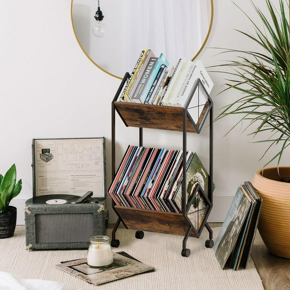 Retro Style Vinyl Record Holder, 160-200 LP Storage Rack, Quick Assembly Organizer for Records, Books, Magazines