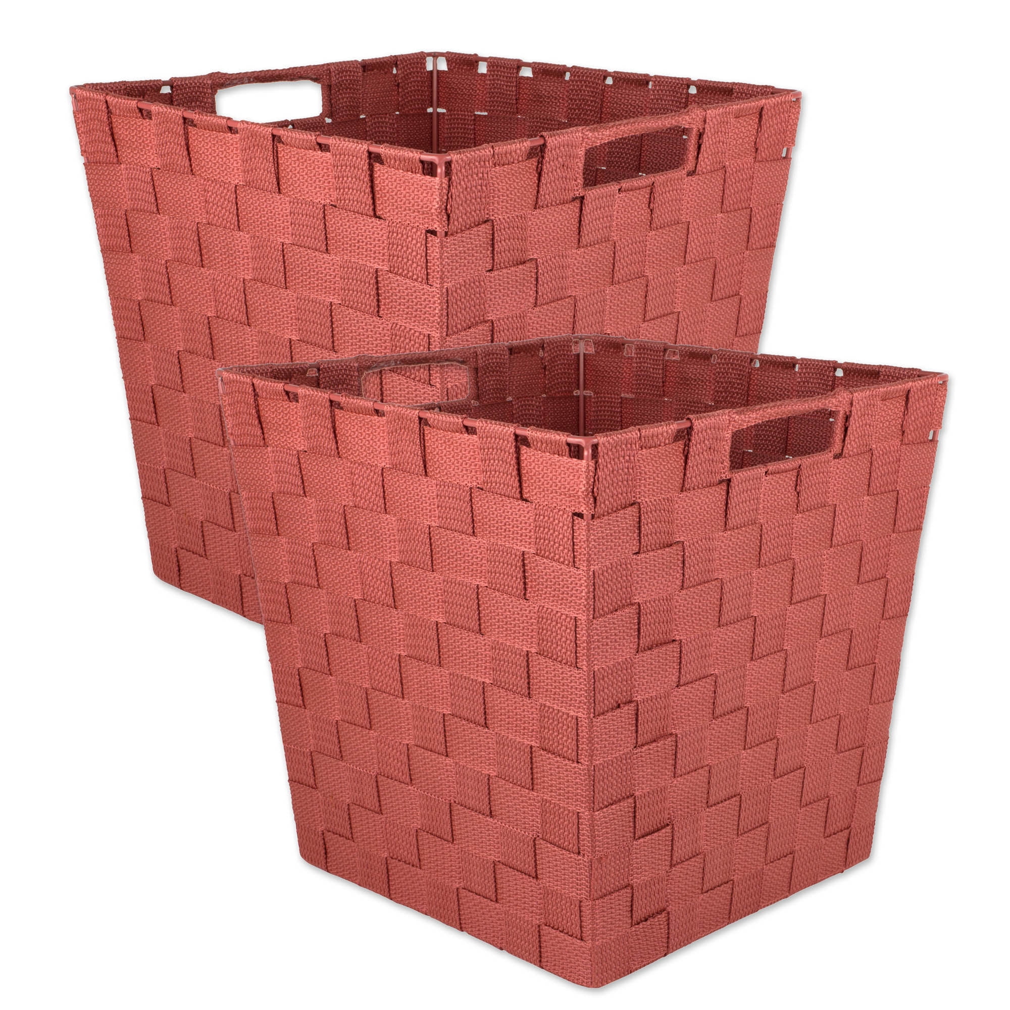 Set of 2 Red Trapezoid Basket Weave Nylon Storage Bin 11"