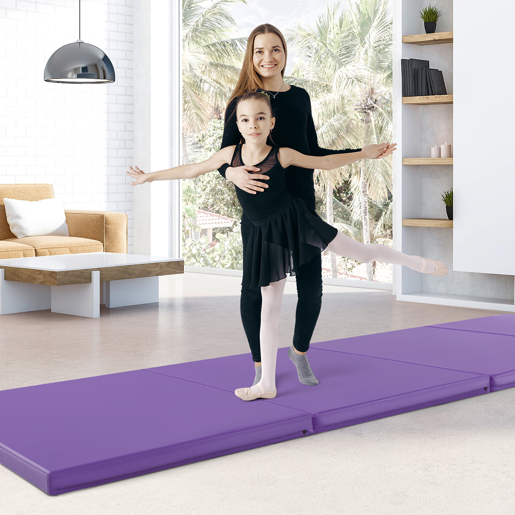 Tapis De Yoga Pliable GYMAX - 300x117x5 Cm (déplié) | Mousse EPE Haute Densité, Surface PU | Attaches Auto-agrippantes Sur 4 Côtés | Poignées De Transport