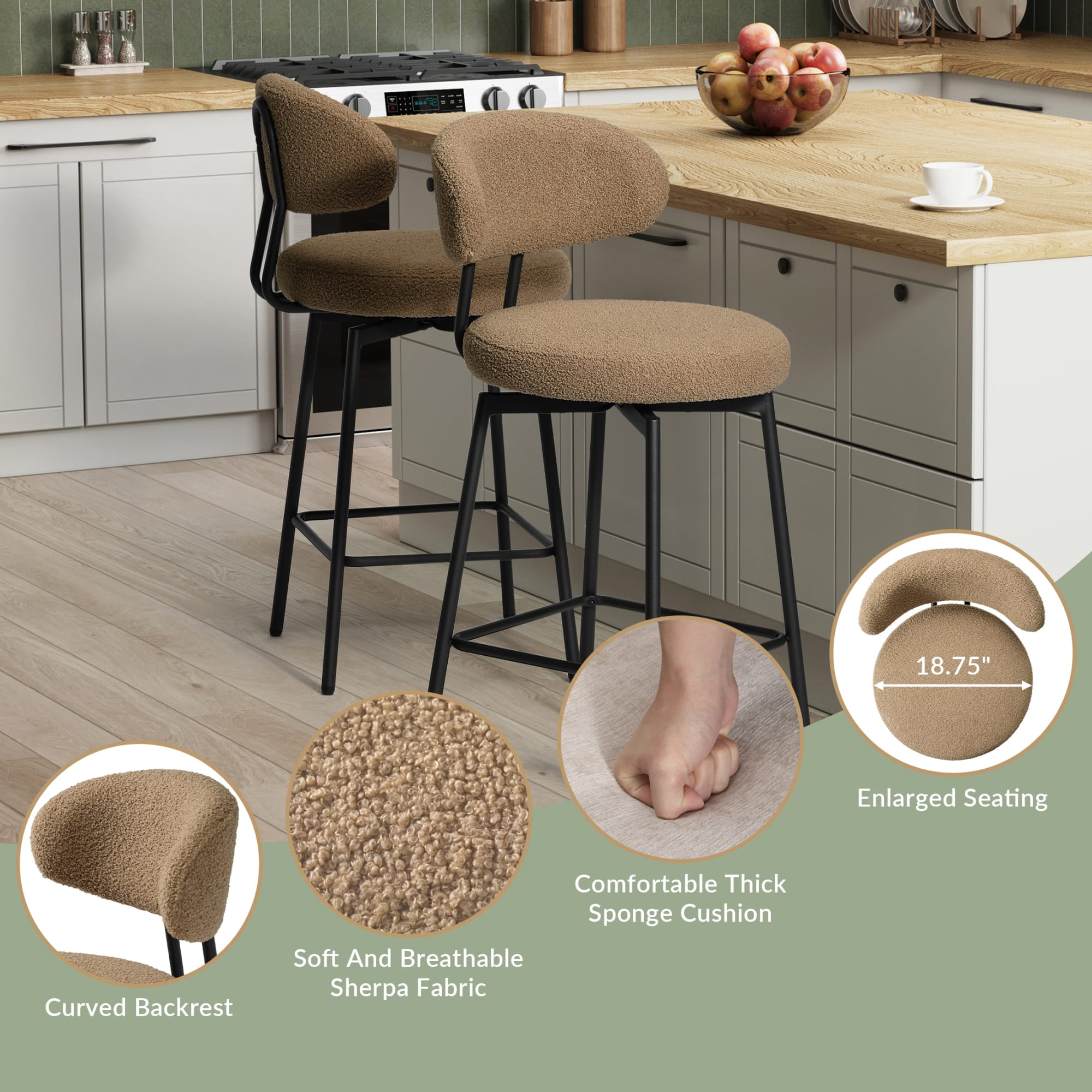 WestinTrends Alexandria Modern Upholstered Sherpa Fabric Counter Height Bar Stools with Back (Set of 2), Camel