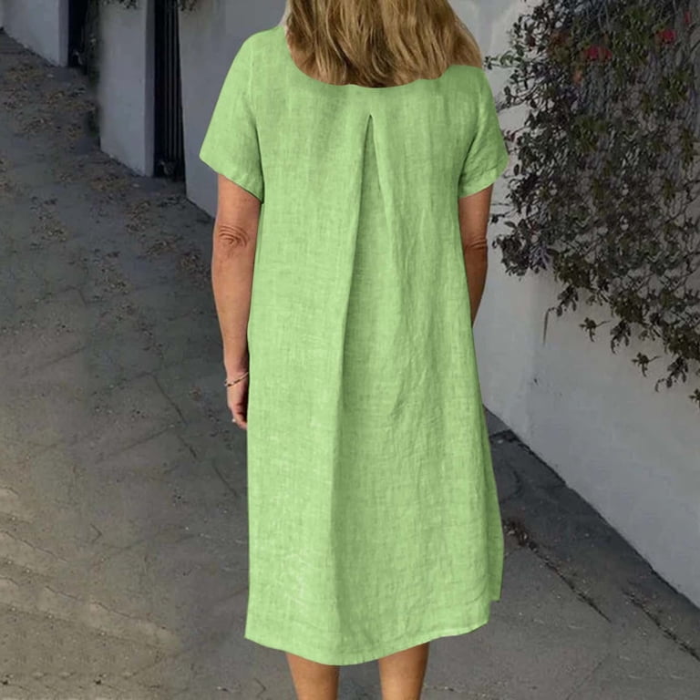 Women Summer Dress Casual Crew Neck Mid Length Dress Short Sleeve A Line Dress  Beach Dress in Dresses Maxi Dresses Beach Womens Long Dresses Size Large Dresses  Dress for Women Petite Summer