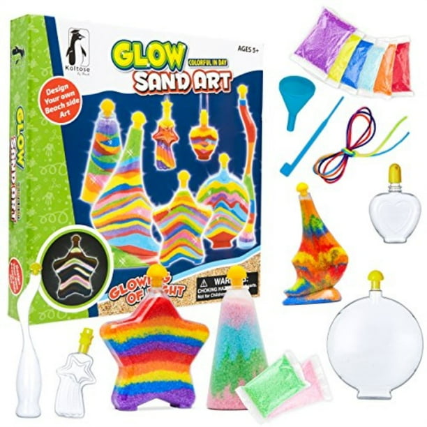 sand art kit for kids, glow in the dark sand art bottles and necklaces, arts and crafts stem