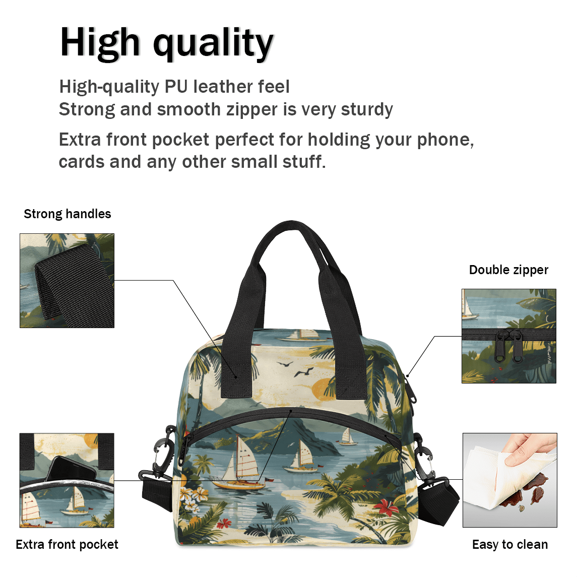 Herdesigns Ocean Theme Insulated Lunch Bag for Women Men Adults Large Reusable Lunch Box Beach Palm Tree Ship Leakproof Cooler Tote Bags with Adjustable Shoulder Strap