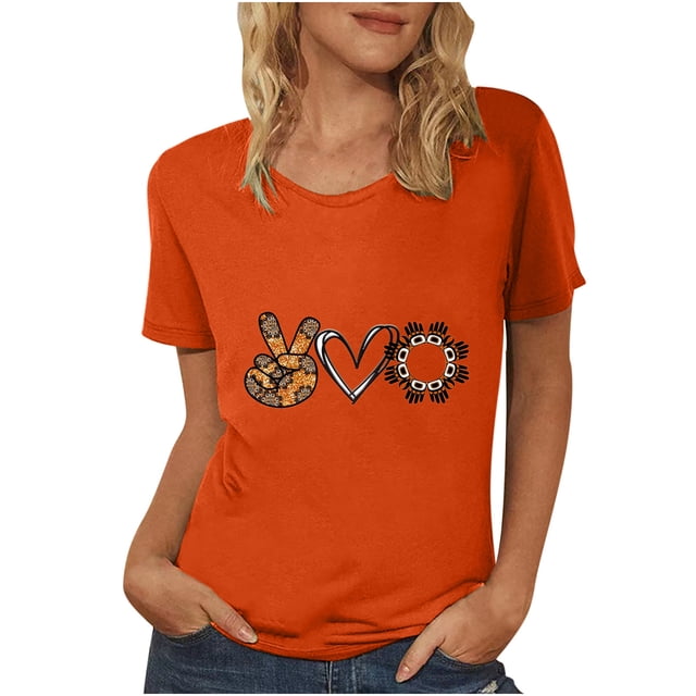 Adulte Été Dressy Tops Orange Short Sleeve Impression Graphique Col Rond Chemisier Casual T-Shirt Tops Chemise