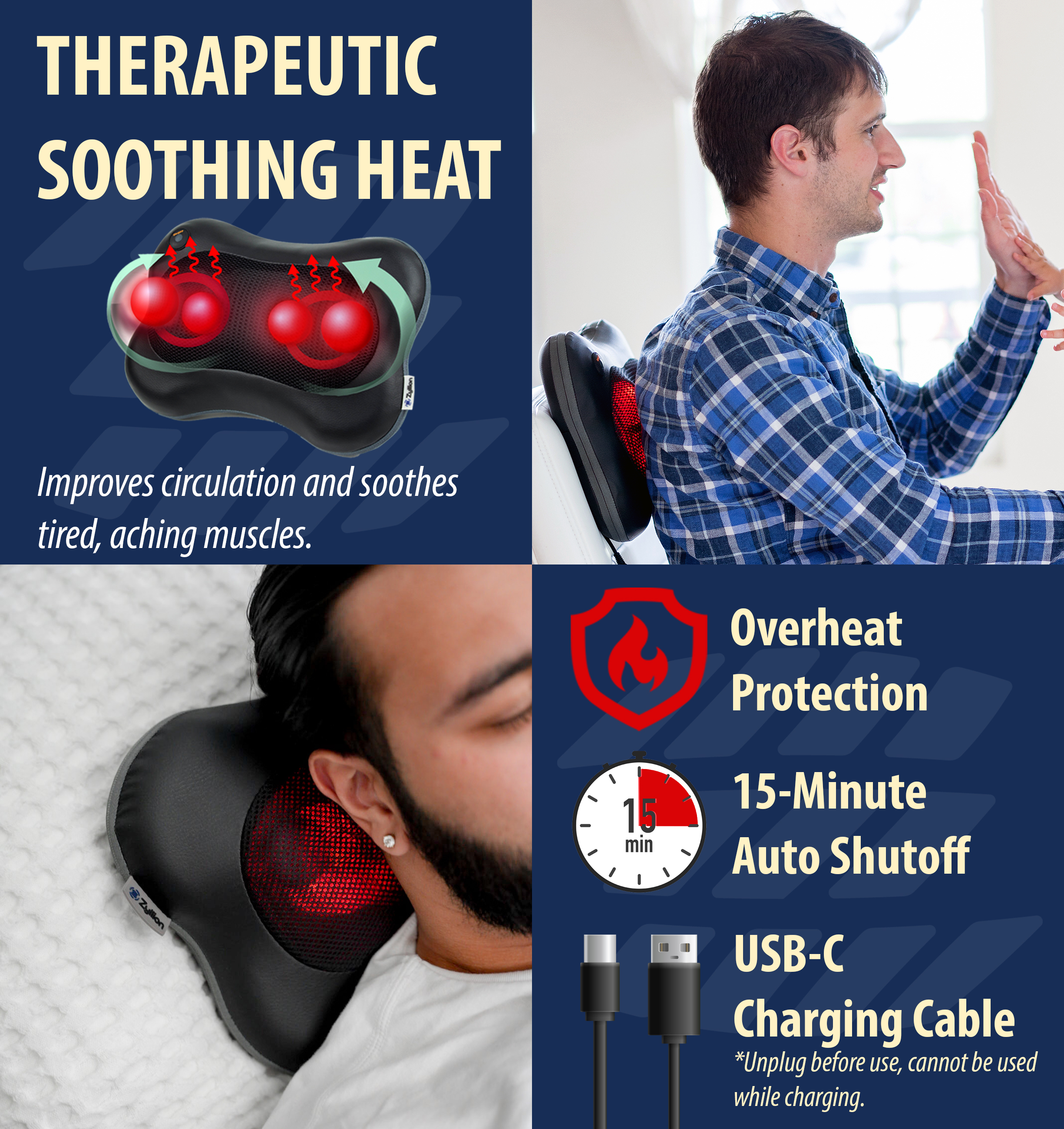 Zyllion Rechargeable Shiatsu Back & Neck Massager 3D Kneading 2-Speed Cordless Massage Pillow with Heat for Muscle Pain, Black