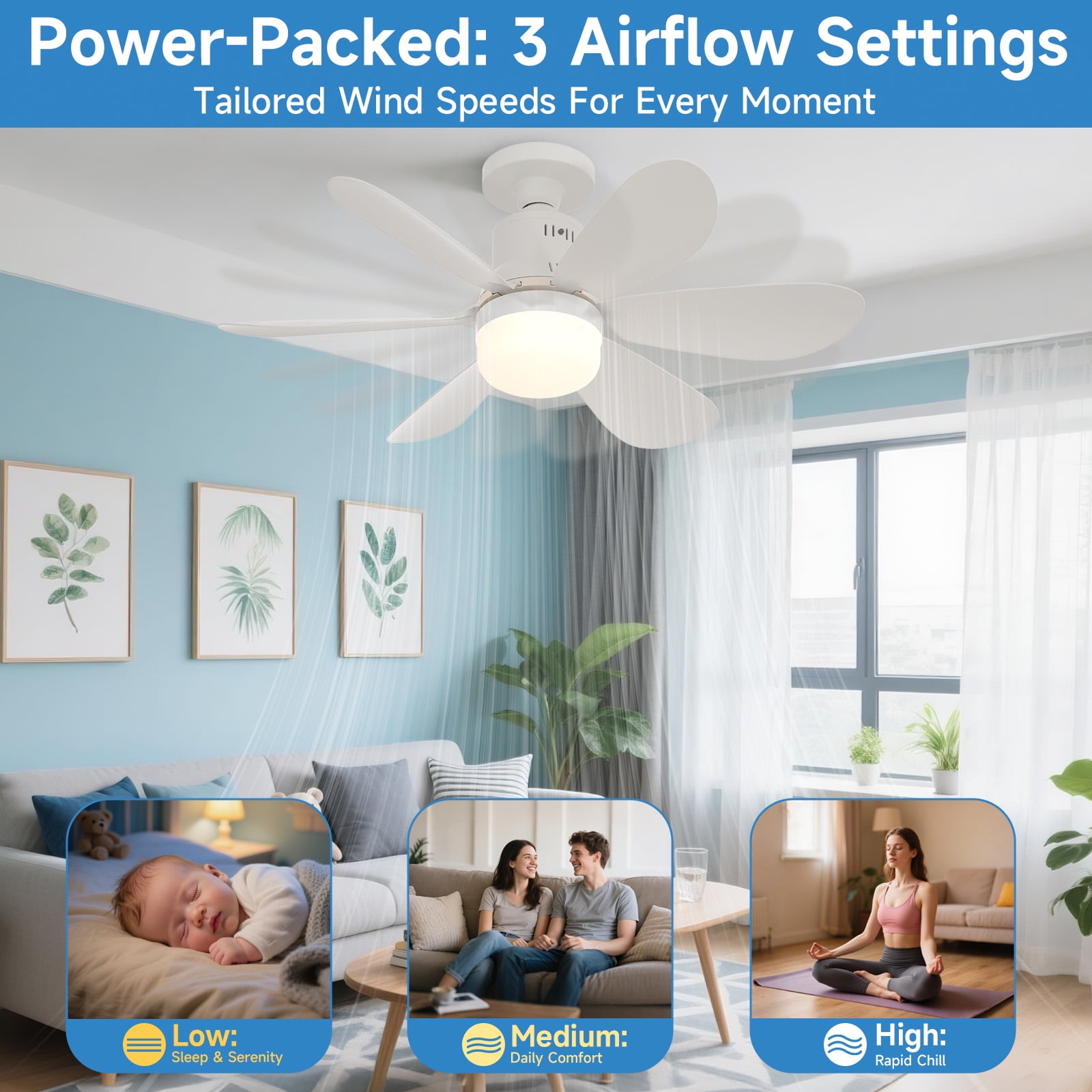 Socket Fan Light with Remote - 20'' Modern Small Ceiling Fans with Lights, 2200 Lumens Dimmable Led Bulb, 3 Colors 3000K-6500K, Easy Install Screw in E26 Base for Bedroom Living Room Kitchen Garage