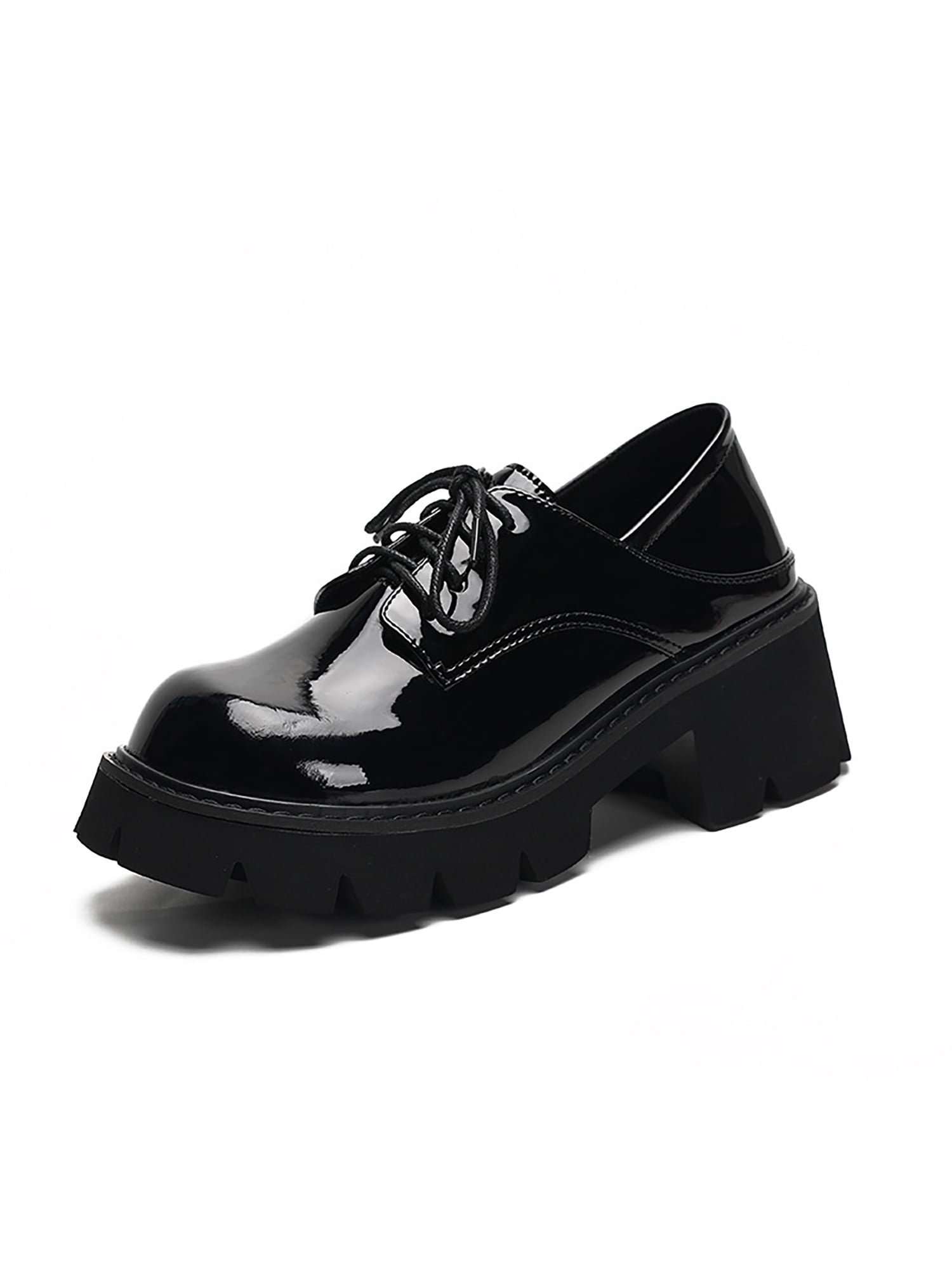 Woobling Ladies Anti-Slip Lug Sole Chunky Platform Loafer Casual Oxford Leather Shoes Platform Loafer Black - Walmart.com