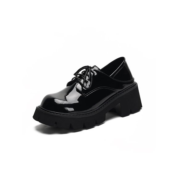 Woobling Womens Fashion Lug Sole Leather Shoes Party Anti-Slip Round Toe Chunky Platform Loafer Wedding Lightweight Lace Up Black 9