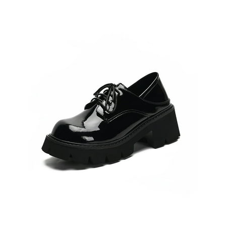 

GENILU Women Comfort Round Toe Chunky Platform Loafer Lightweight Oxford Dress Shoe Work Anti-Slip Lug Sole Leather Shoes Black 7