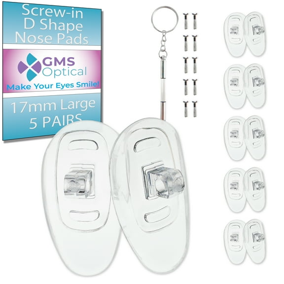 GMS Optical 17mm Long Length / 6mm Medium Width – D Shape Screw-In Soft Silicone Nose Pads for Glasses, Eyeglasses & Sunglasses with Screws & Screwdriver (5 Pair, Clear)