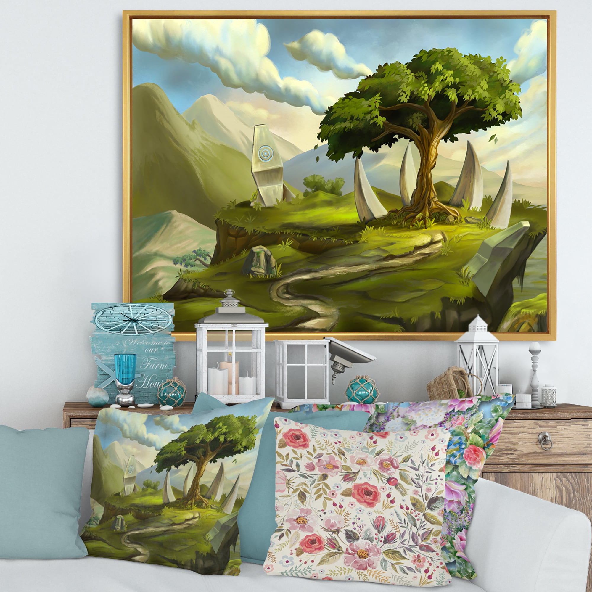 Sacred Tree In A Fantasy Green Landscape 40 in x 30 in Framed Painting Canvas Art Print, by Designart
