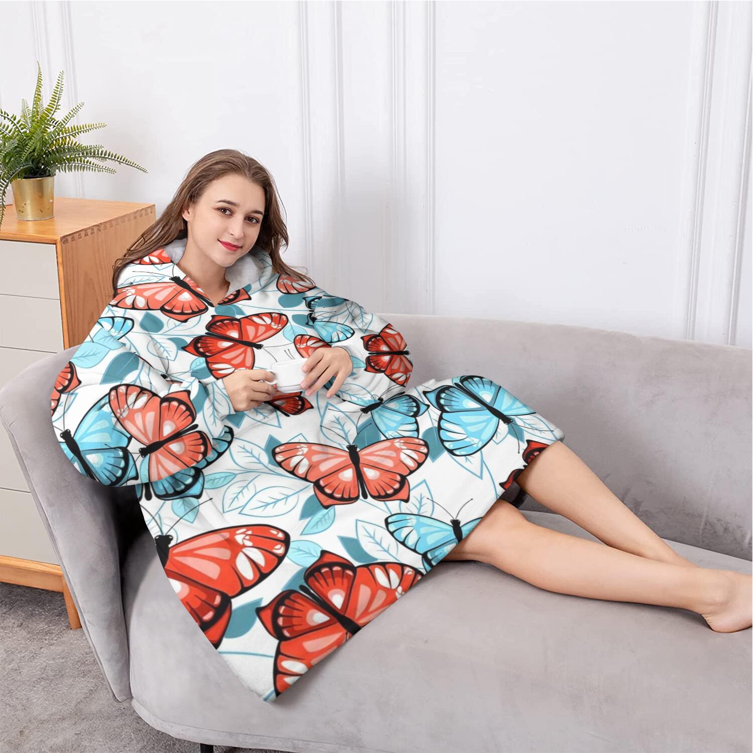 Oversized Wearable Blanket Hoodie,White Butterfly Red Blue Leaf Pattern Sherpa Blanket Hoodie with Super Pockets,Super Warm Fuzzy Pullover for Women & Men