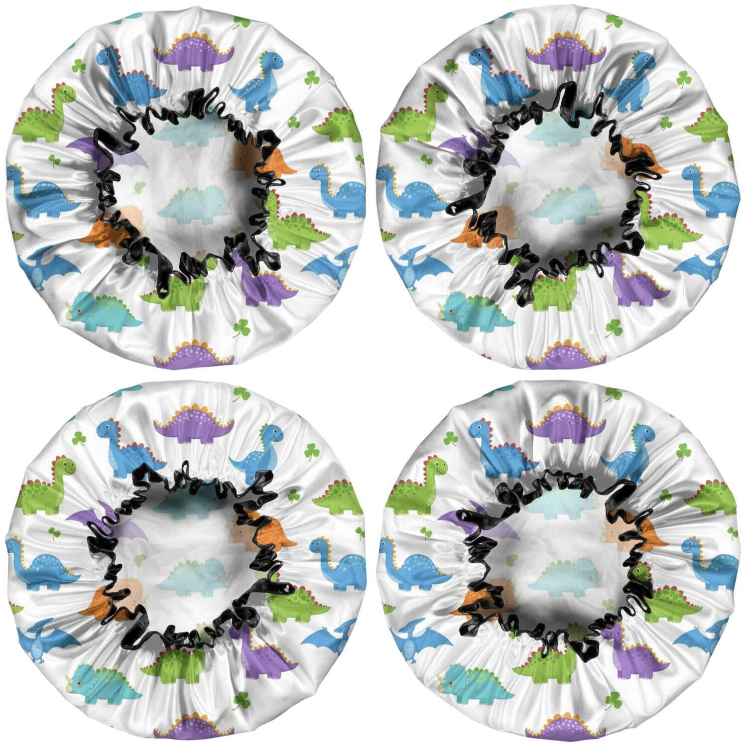 Shower Caps,White Colorful Dinosaurs Clovers Pattern Waterproof Shower Cap for Women 4 Pieces,Double Reusable Hair Cover for Shower PEVA Elastic Stretch Hem